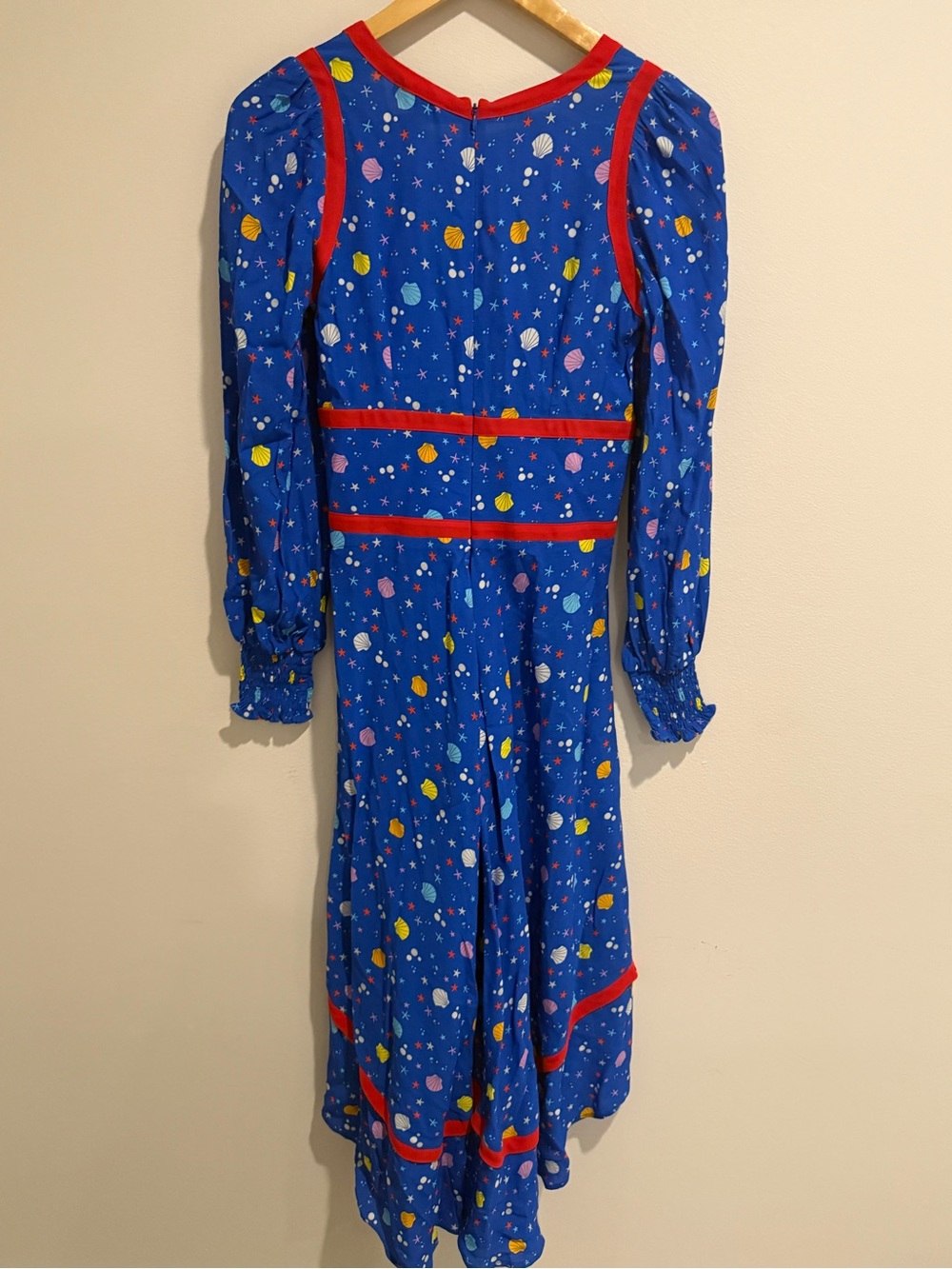Coco Fennell Sea Shell Dirndl Midi Dress Blue Red Trim 6 Vintage Inspired - Picture 9 of 9